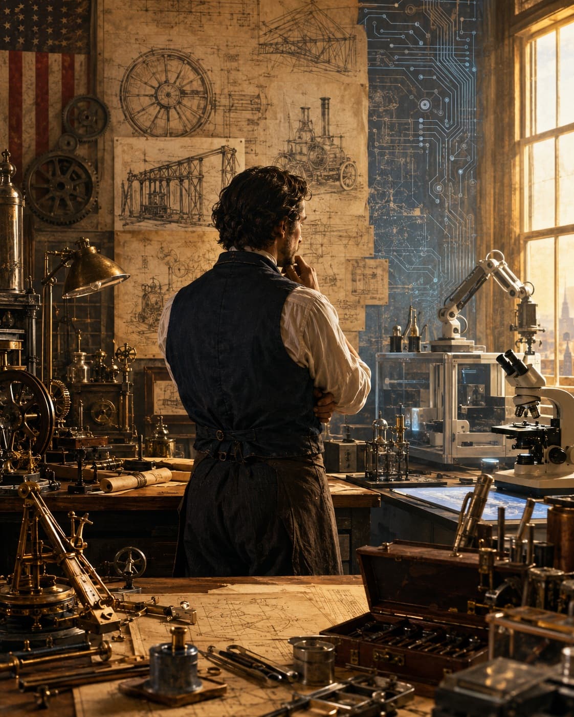 An American inventor-engineer in a workshop-laboratory with historical tools and modern technology — the continuity of practical ingenuity from Franklin's lightning rod to the digital age.