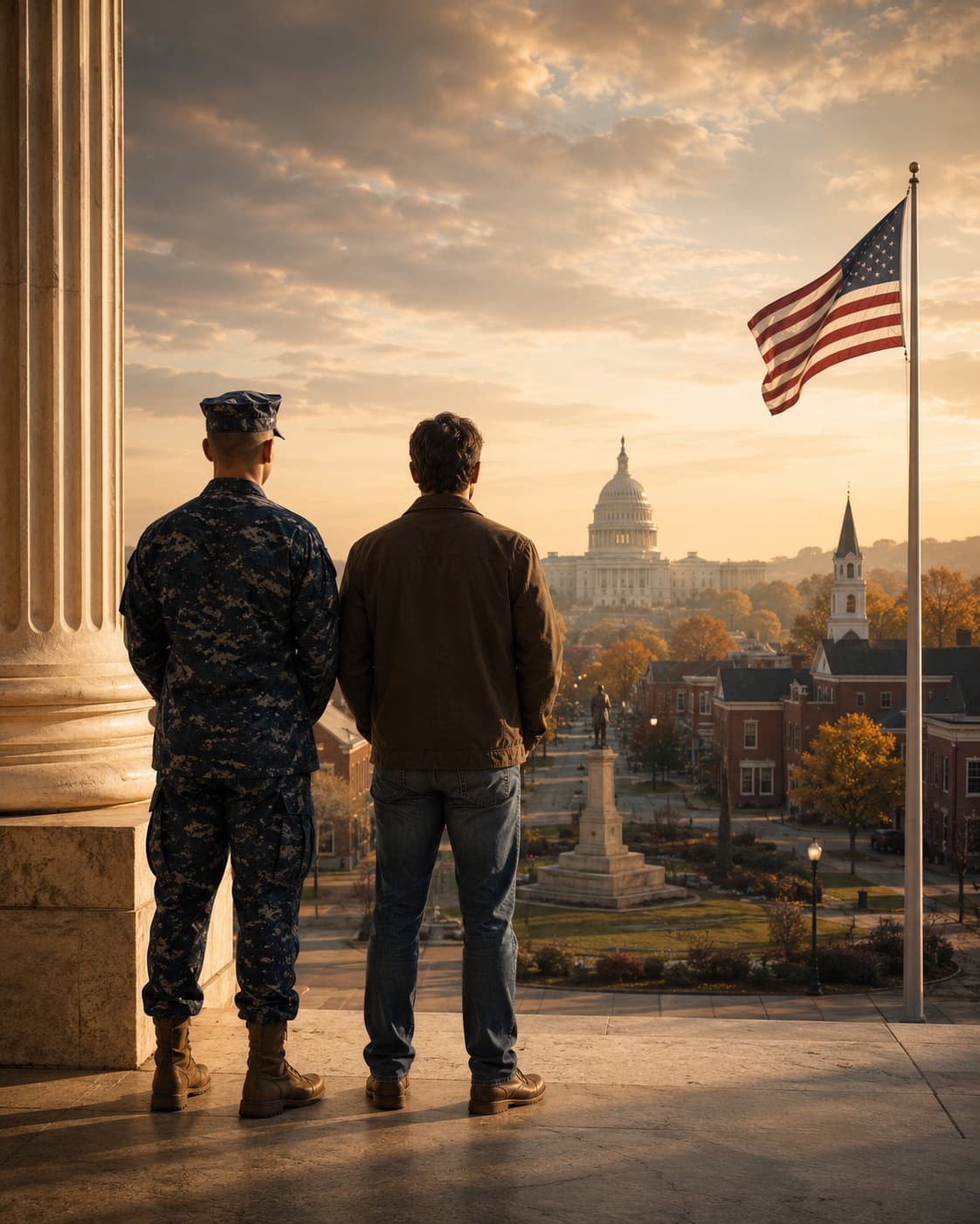 A uniformed service member and a civilian citizen standing near a courthouse column, symbolizing the U.S. civil-military relationship and constitutional duty.