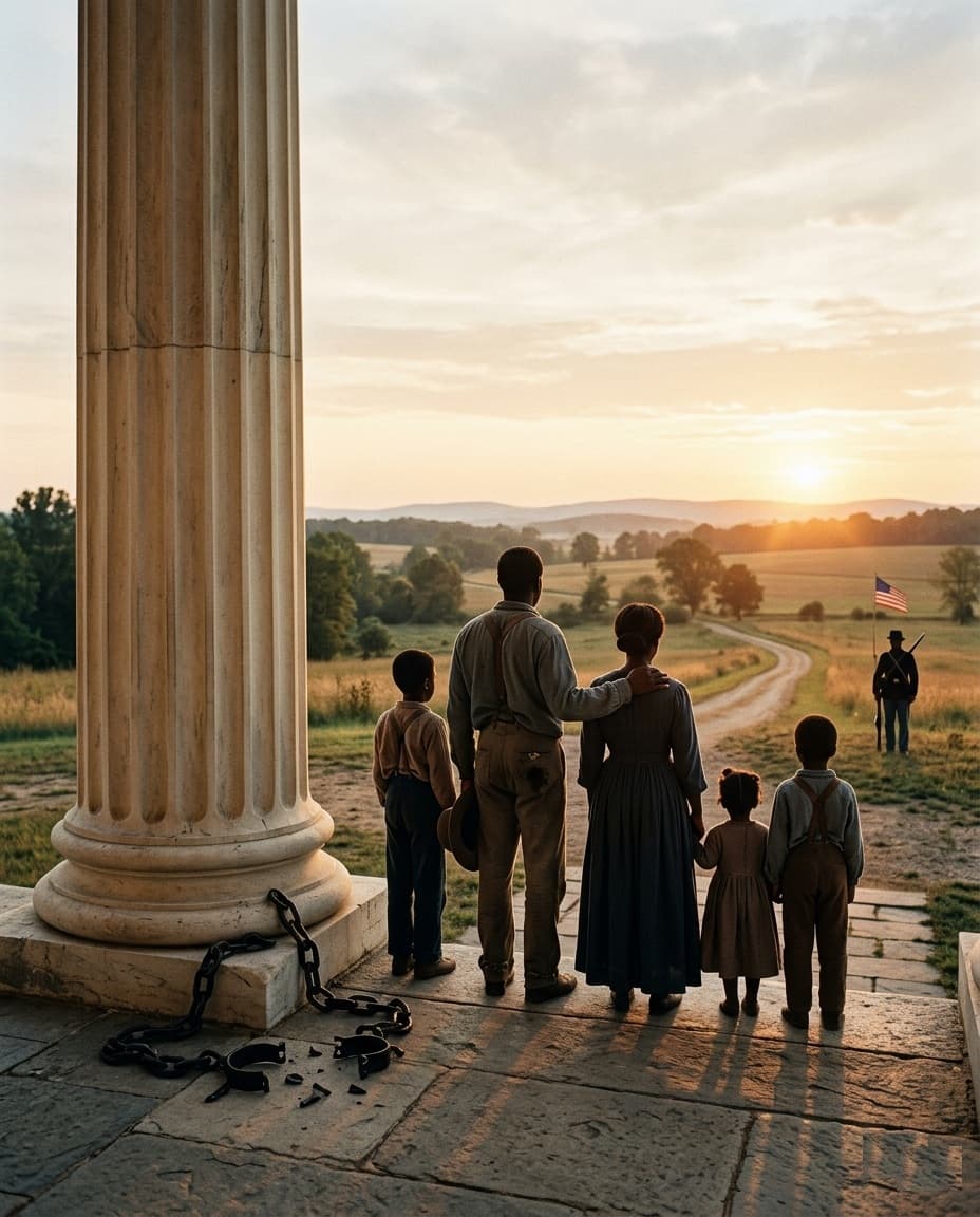 A freed family and Union soldier silhouette near broken chains and a courthouse column — representing the Civil War's ultimate meaning: a republic tested and renewed, slavery abolished, the founding promise extended.