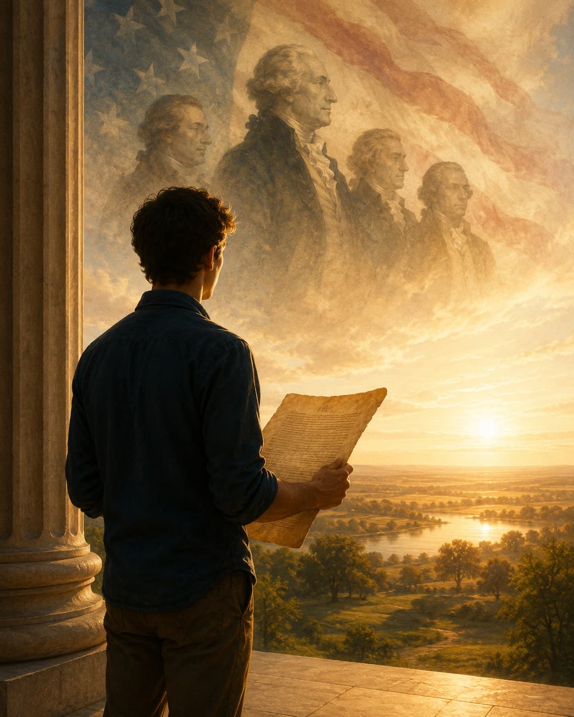 A young American citizen holding a parchment-like document near a courthouse column — the Declaration of Independence as an inheritance of liberty passed between generations.