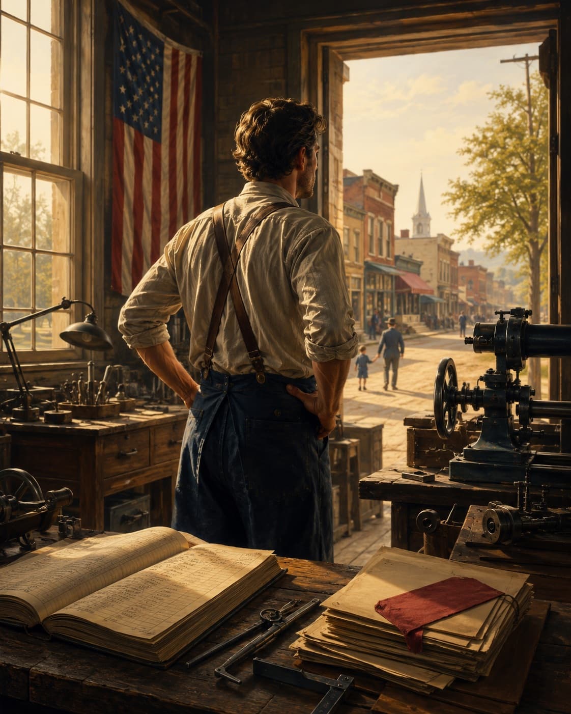 An American worker-entrepreneur in a workshop with tools, machinery, and a view of a growing town — the spirit of enterprise and practical ingenuity that built the American economy.