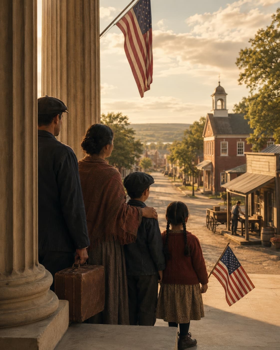 An immigrant family standing beside an American town street and courthouse column — the journey toward belonging in a nation built on shared ideas rather than ancestry.