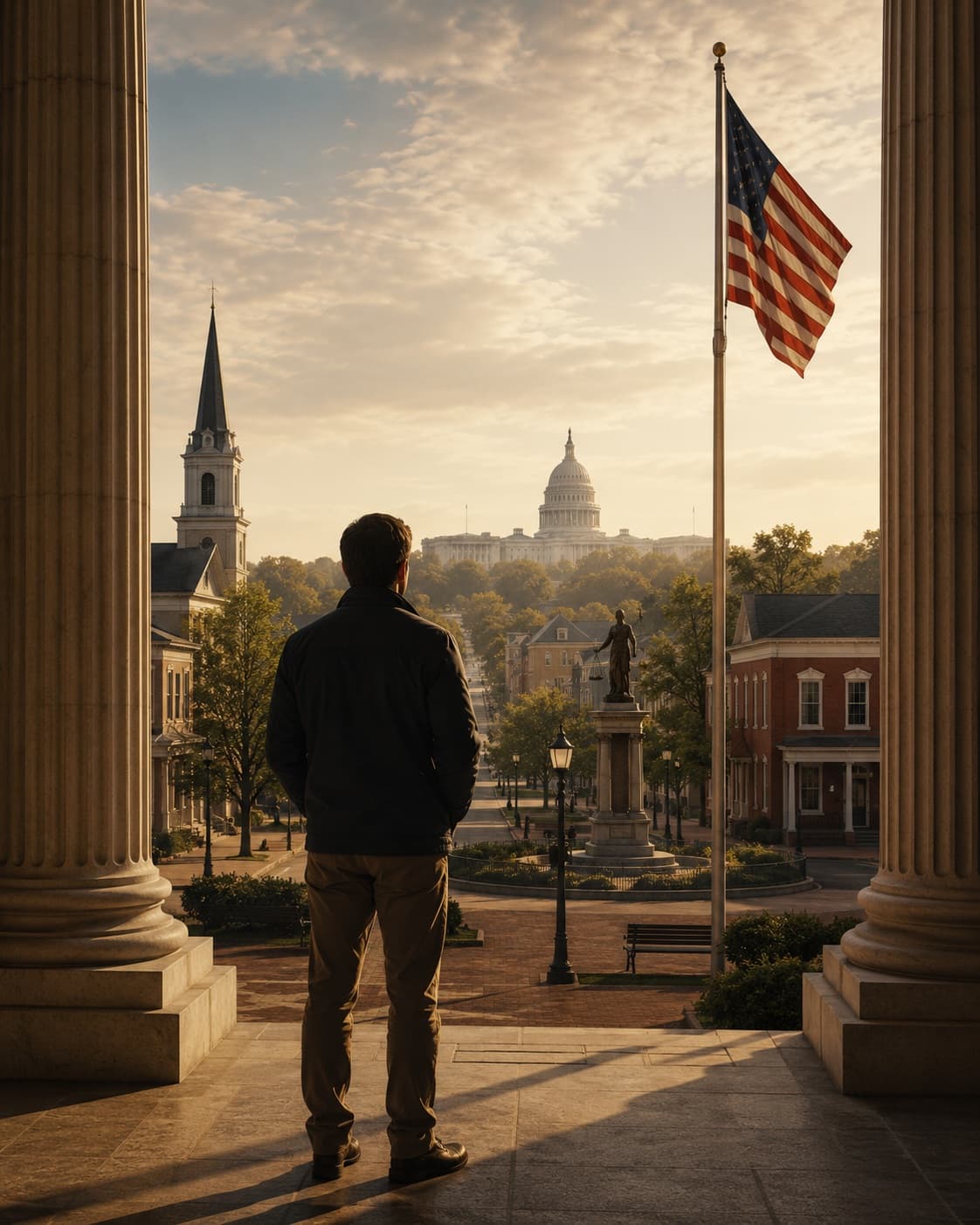 A citizen standing between courthouse columns and a town square — representing the balance of federal and local self-government under the Constitution.