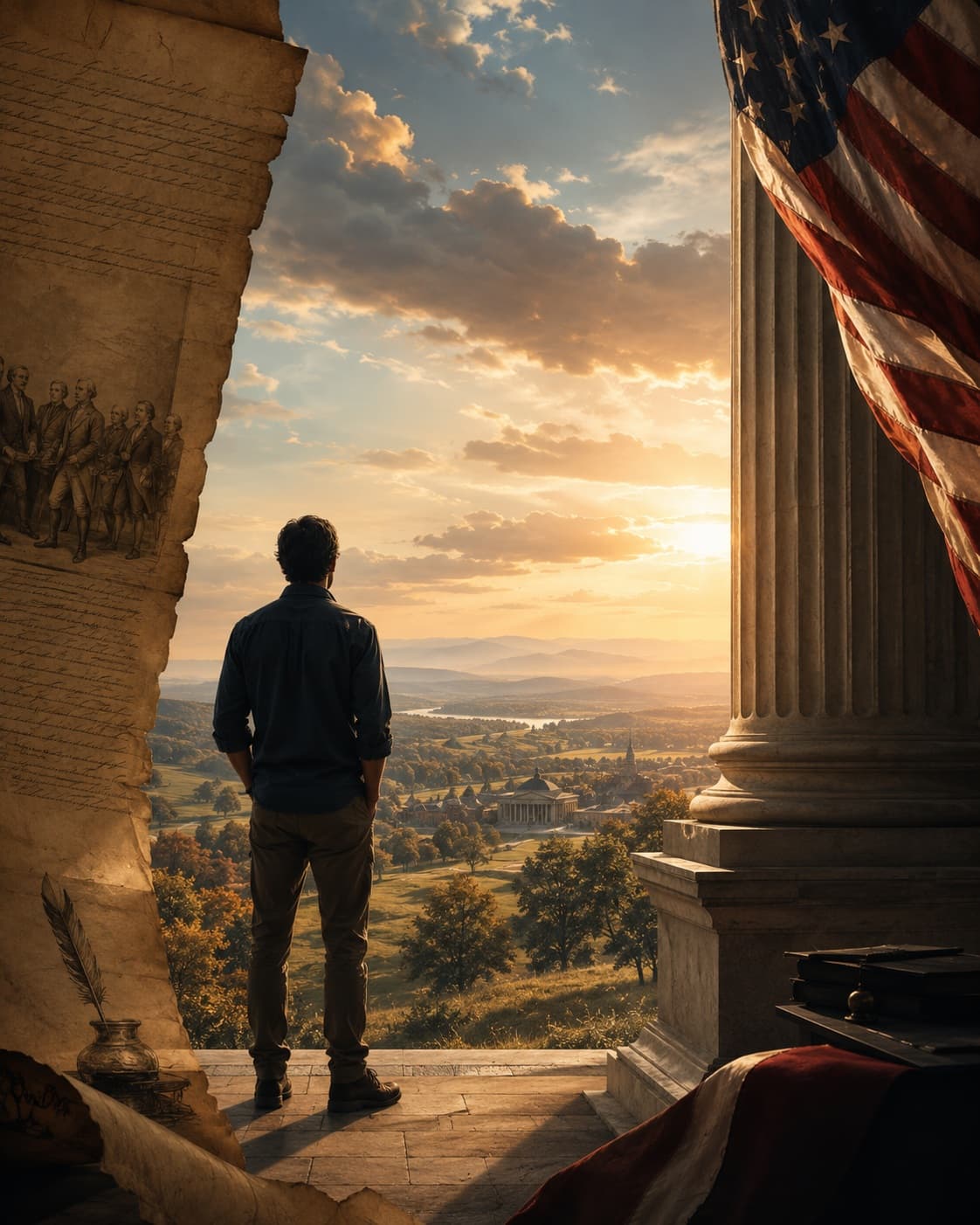 A citizen standing between founding documents, a courthouse, and an open American landscape — symbolizing the American experiment in self-government.